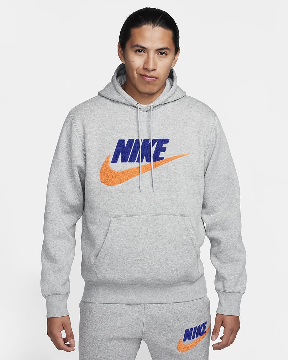 Nike Club Fleece Men's Pullover Hoodie - Dark Grey Heather/Light Smoke Grey/Safety Orange