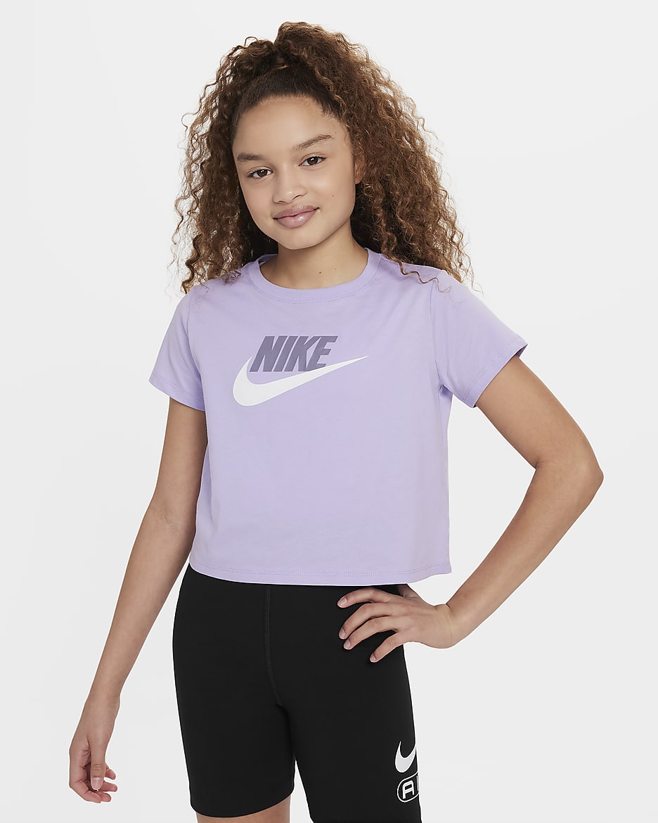 Nike Sportswear Older Kids' (Girls') Cropped T-Shirt - Hydrangeas/Daybreak/White