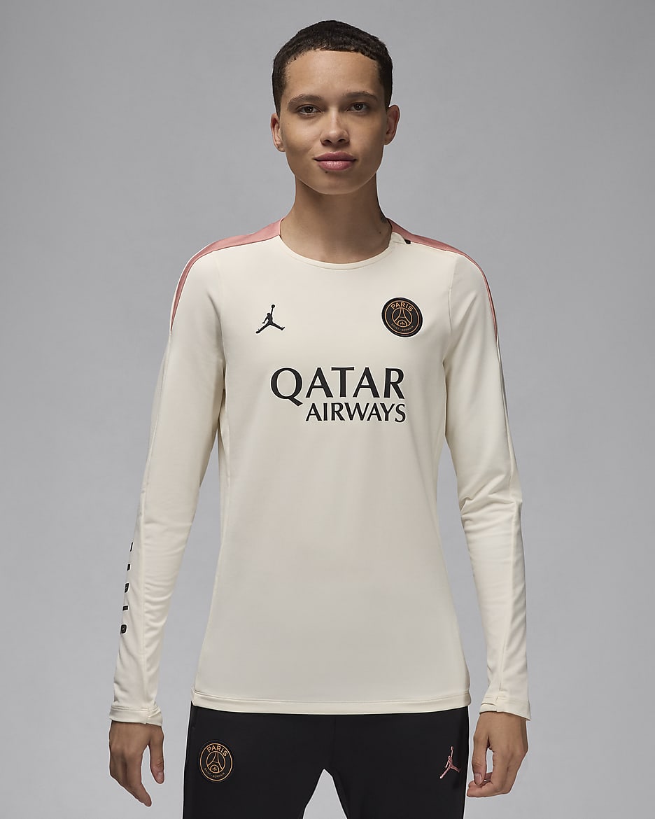 Damska dzianinowa koszulka piłkarska z półokrągłym dekoltem Jordan Dri-FIT Paris Saint-Germain Strike (wersja trzecia) - Pale Ivory/Pale Ivory/Rust Pink/Czerń