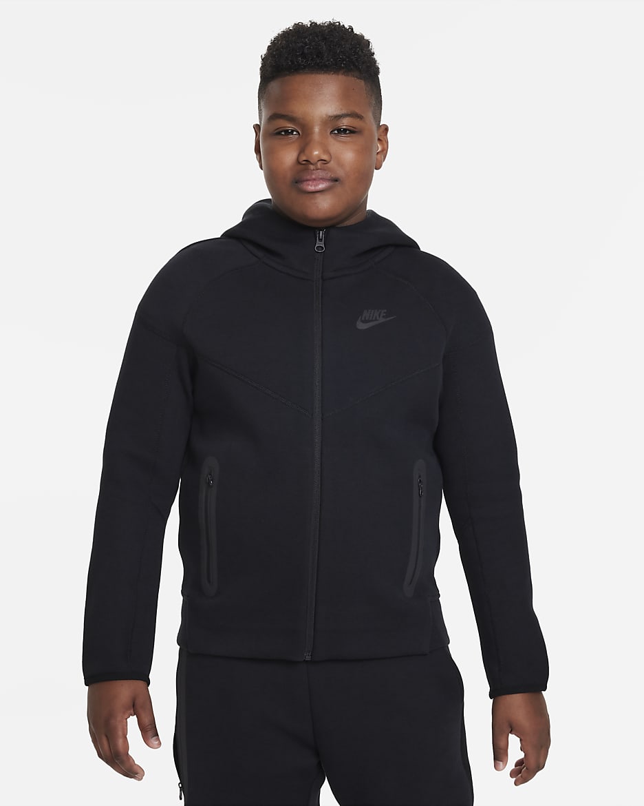 Flísová mikina Nike Sportswear Tech Fleece pro větší děti (chlapce) s dlouhým zipem a kapucí (větší velikost) - Černá/Černá/Černá