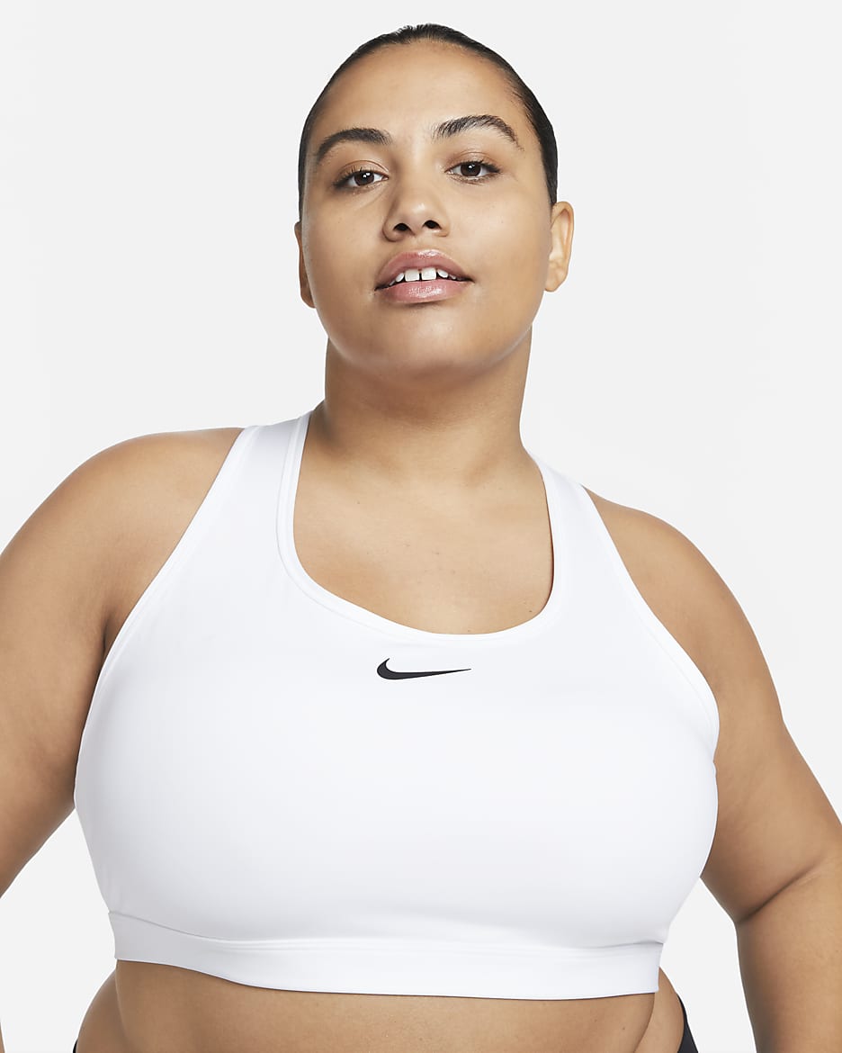 Bra deportivo con almohadillas para mujer (talla grande) Nike Swoosh Medium Support - Blanco/Malva piedra/Negro