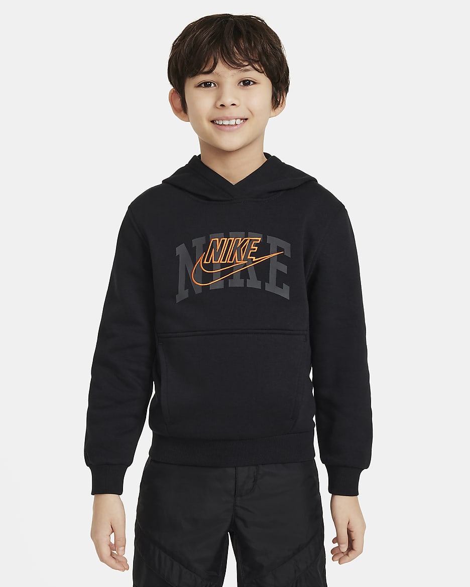 Nike Sportswear Club Fleece Older Kids' Pullover Hoodie - Black/Safety Orange