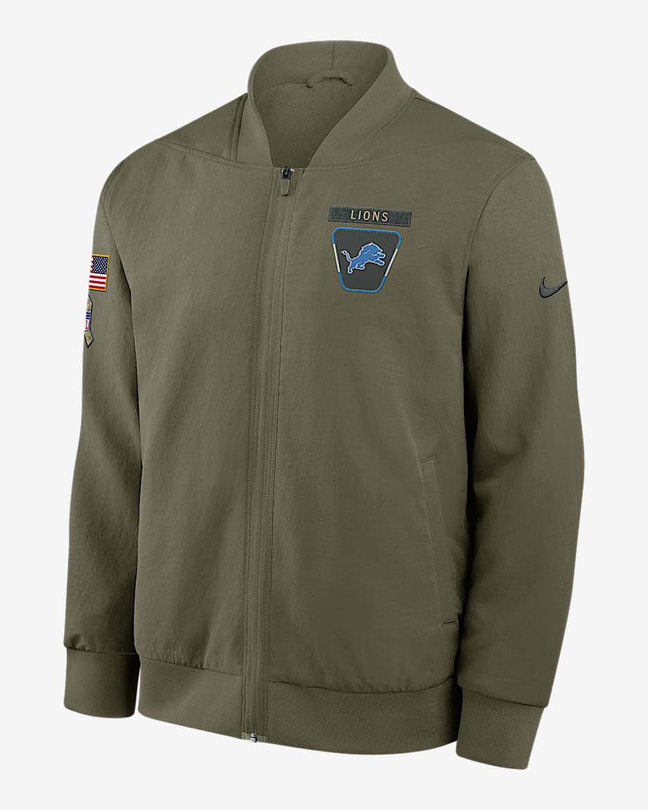 Detroit Lions Salute to Service Sideline Men's Nike NFL Full-Zip Bomber Jacket - Olive