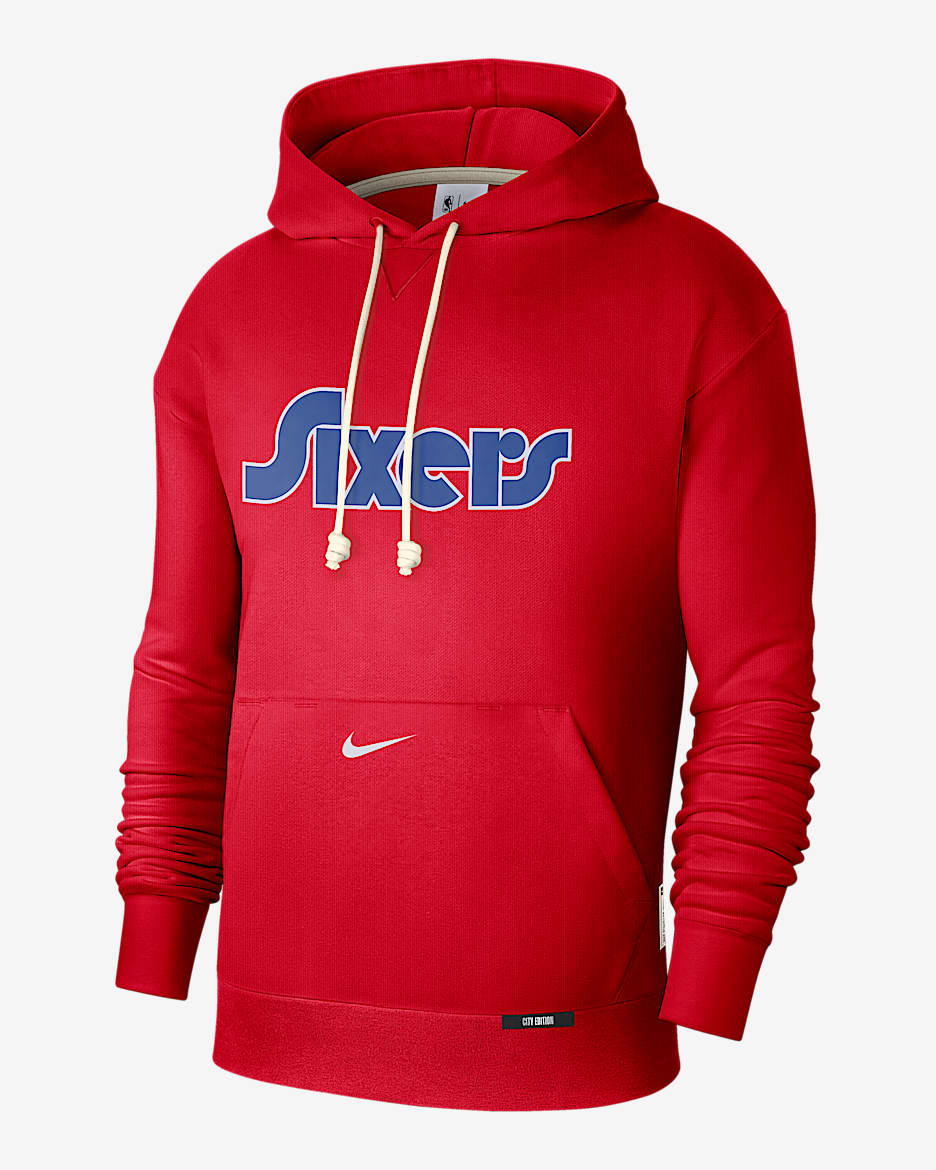 Sudadera con gorro Nike Dri-FIT de la NBA Courtside para hombre Philadelphia 76ers Standard Issue City Edition - Rojo universitario/Blanco