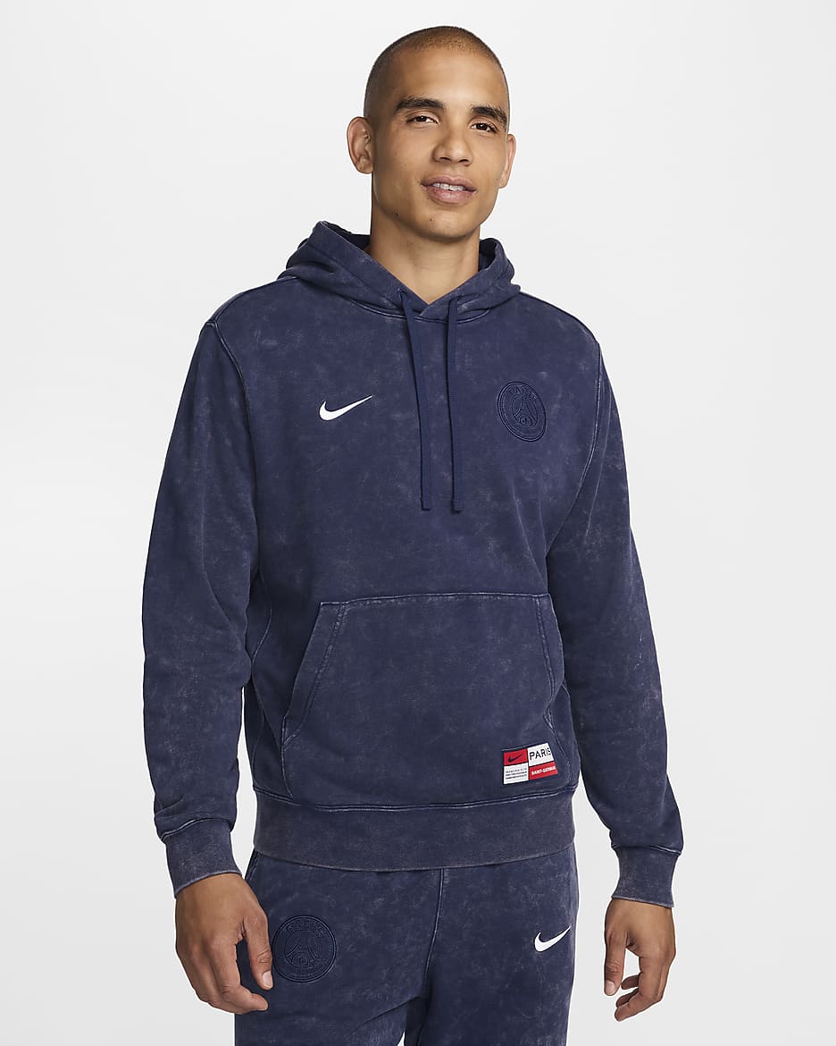 Fotbollshuvtröja i sweatshirttyg Nike Paris Saint-Germain Club för män - Midnight Navy/Vit