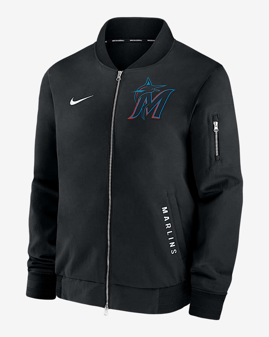 Chamarra bomber de la MLB de cierre completo Nike para hombre Miami Marlins Authentic Collection Dugout - Negro