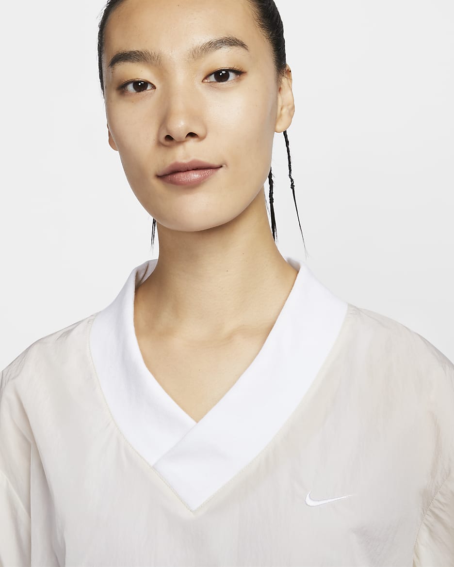 Nike Sportswear Essential Women's Loose UV Woven Long-Sleeve V-Neck Top - Light Orewood Brown/White