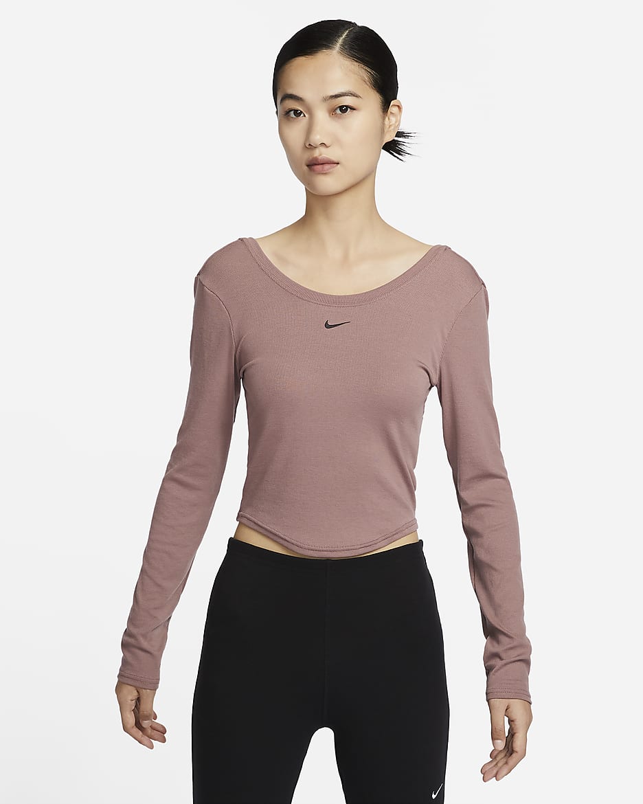 Nike Sportswear Chill Knit Women's Tight Scoop-Back Long-Sleeve Mini-Rib Top - Smokey Mauve/Black