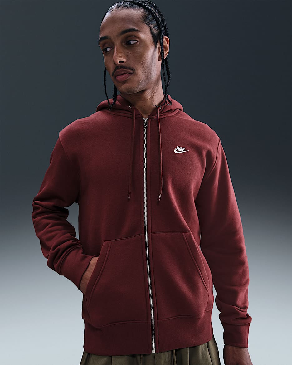 Nike Club Men's Full-Zip Fleece Hoodie - Dark Team Red/Dark Team Red/White