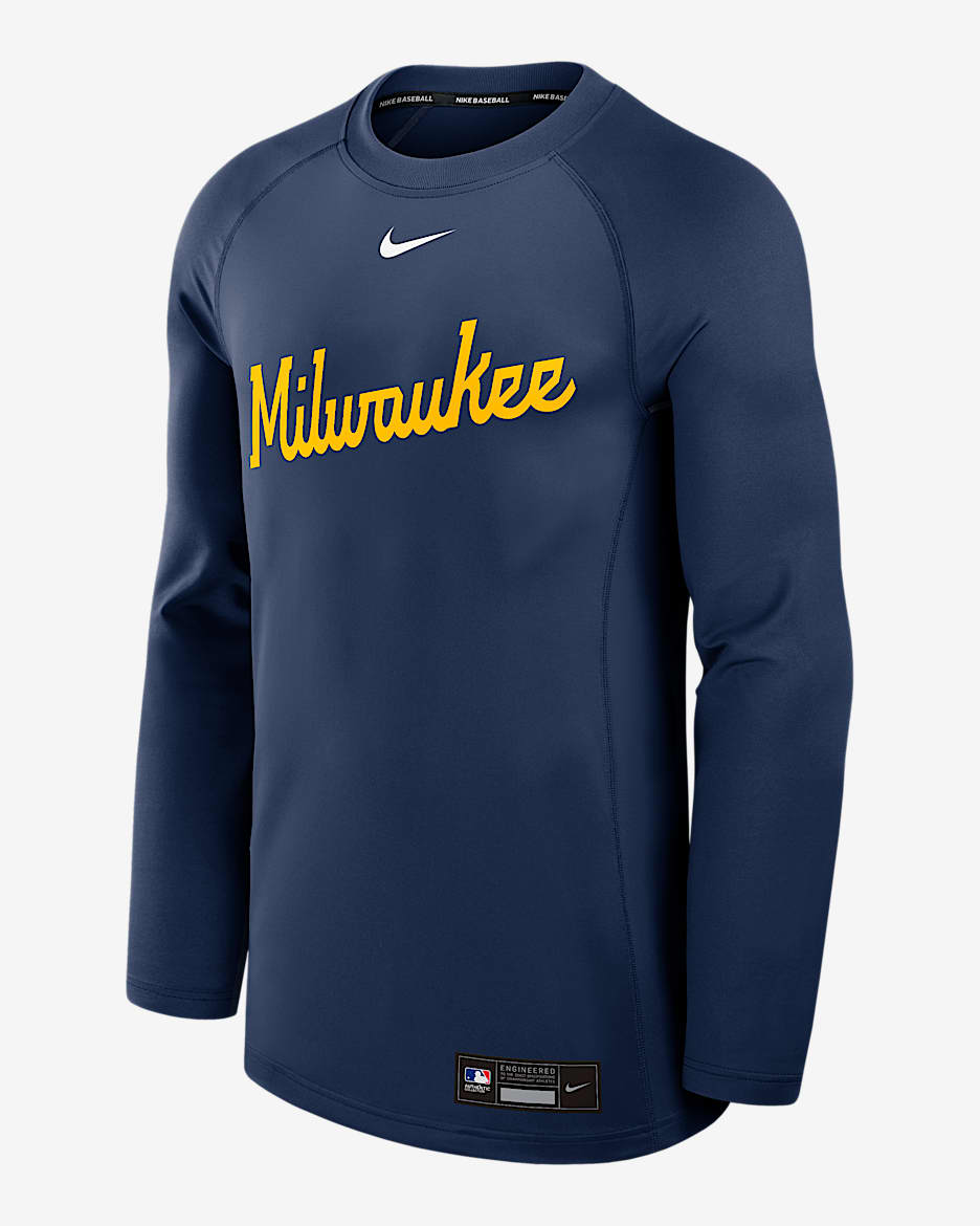 Sudadera de cuello redondo sin cierre Nike Dri-FIT de la MLB para hombre Milwaukee Brewers Authentic Collection Game Time - Azul marino