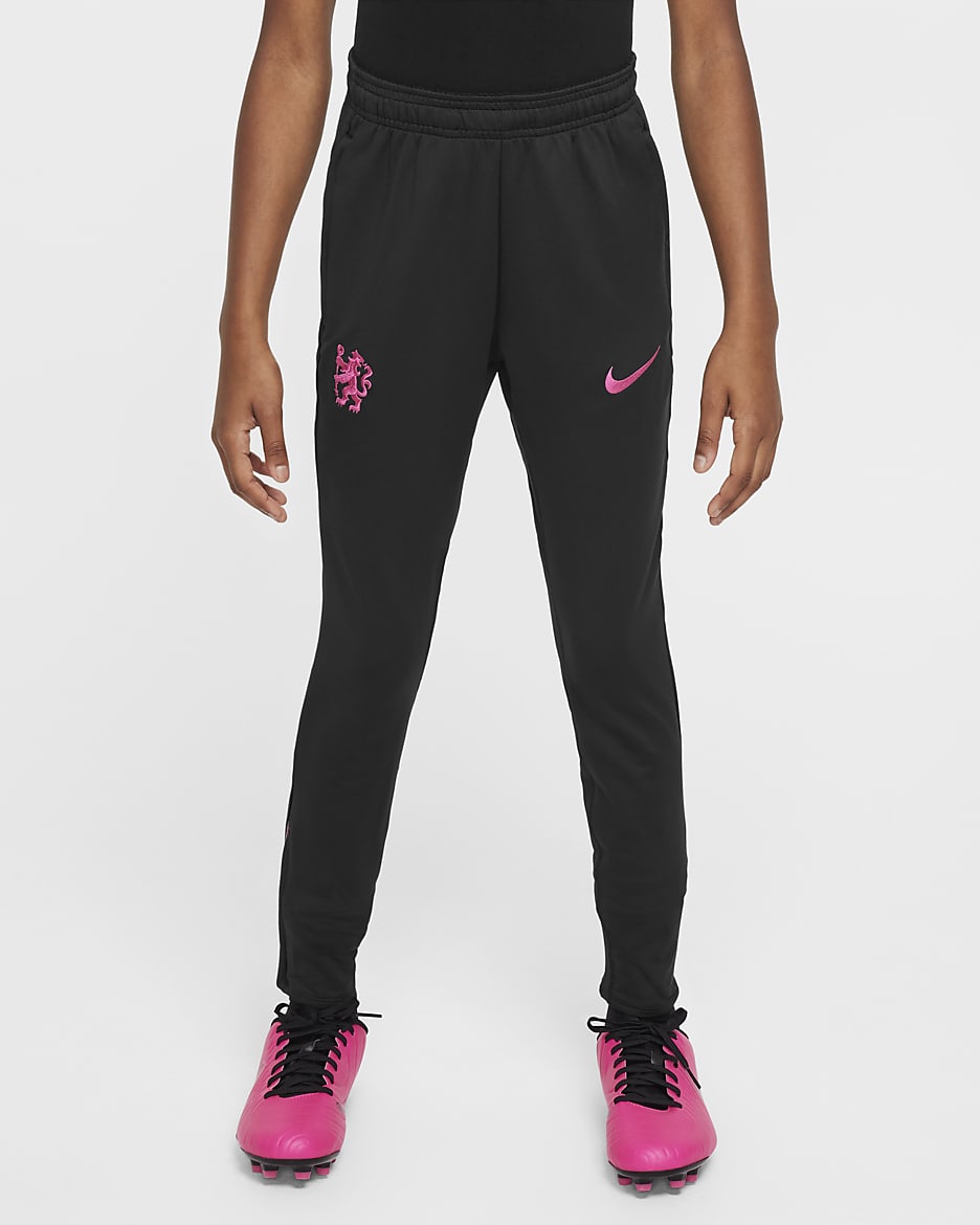 Pantaloni da calcio Nike Dri-FIT Chelsea FC Strike per ragazzo/a – Terza - Nero/Pink Prime