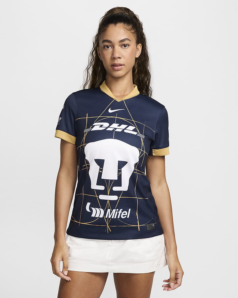 Jersey de fútbol Nike Dri-FIT Replica de los Pumas UNAM visitante 2024/25 Stadium para mujer - Obsidiana/Oro genuino/Blanco