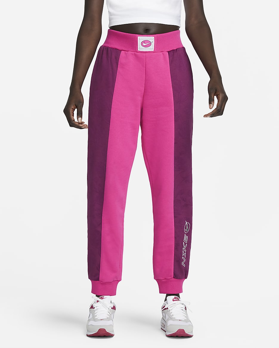 Pantalones de tejido Fleece de tiro medio para mujer Nike Sportswear Icon Clash - Rosa activo/Sangría/Blanco