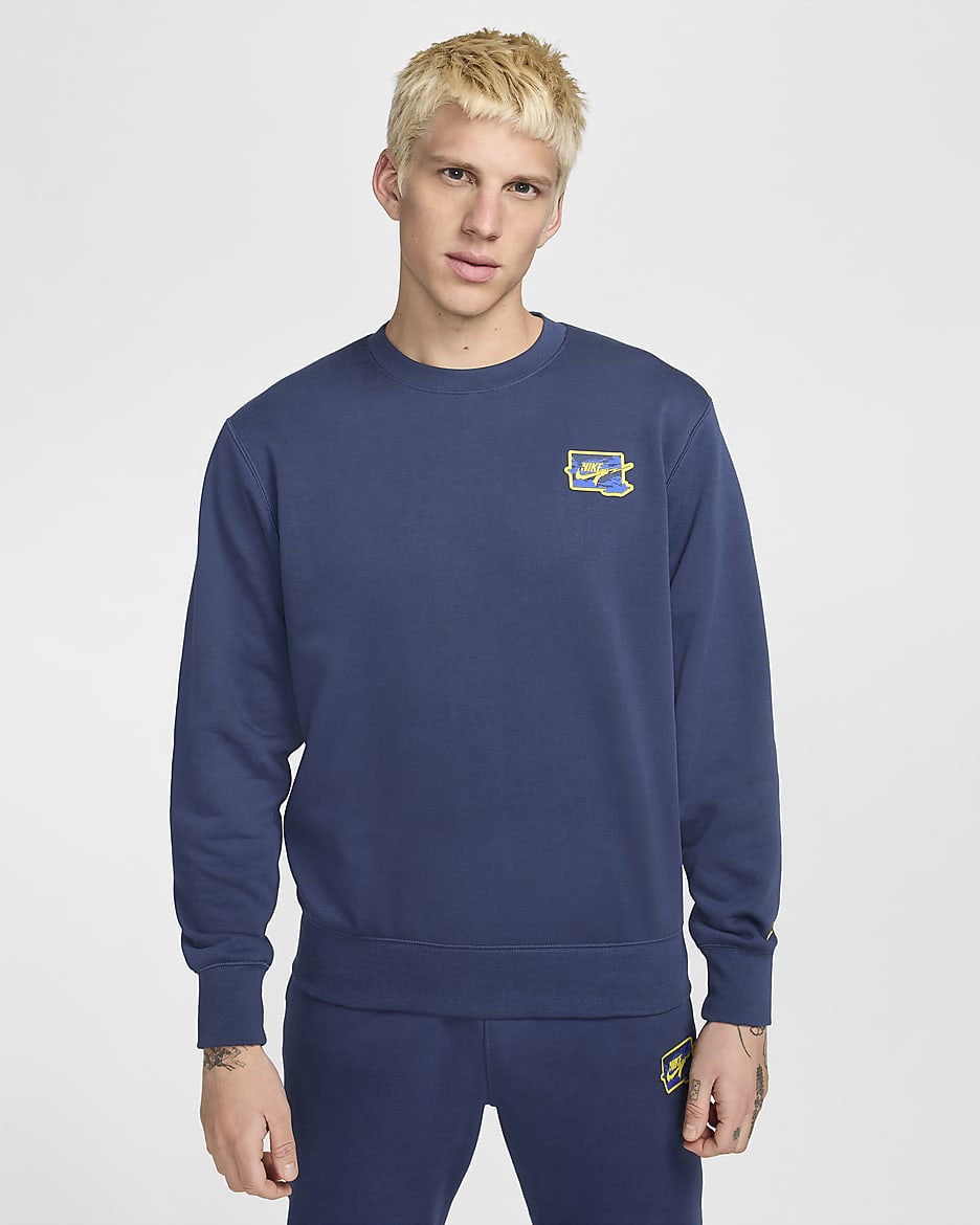 Sudadera de cuello redondo de French Terry para hombre Nike Club - Azul marino medianoche/Relámpago