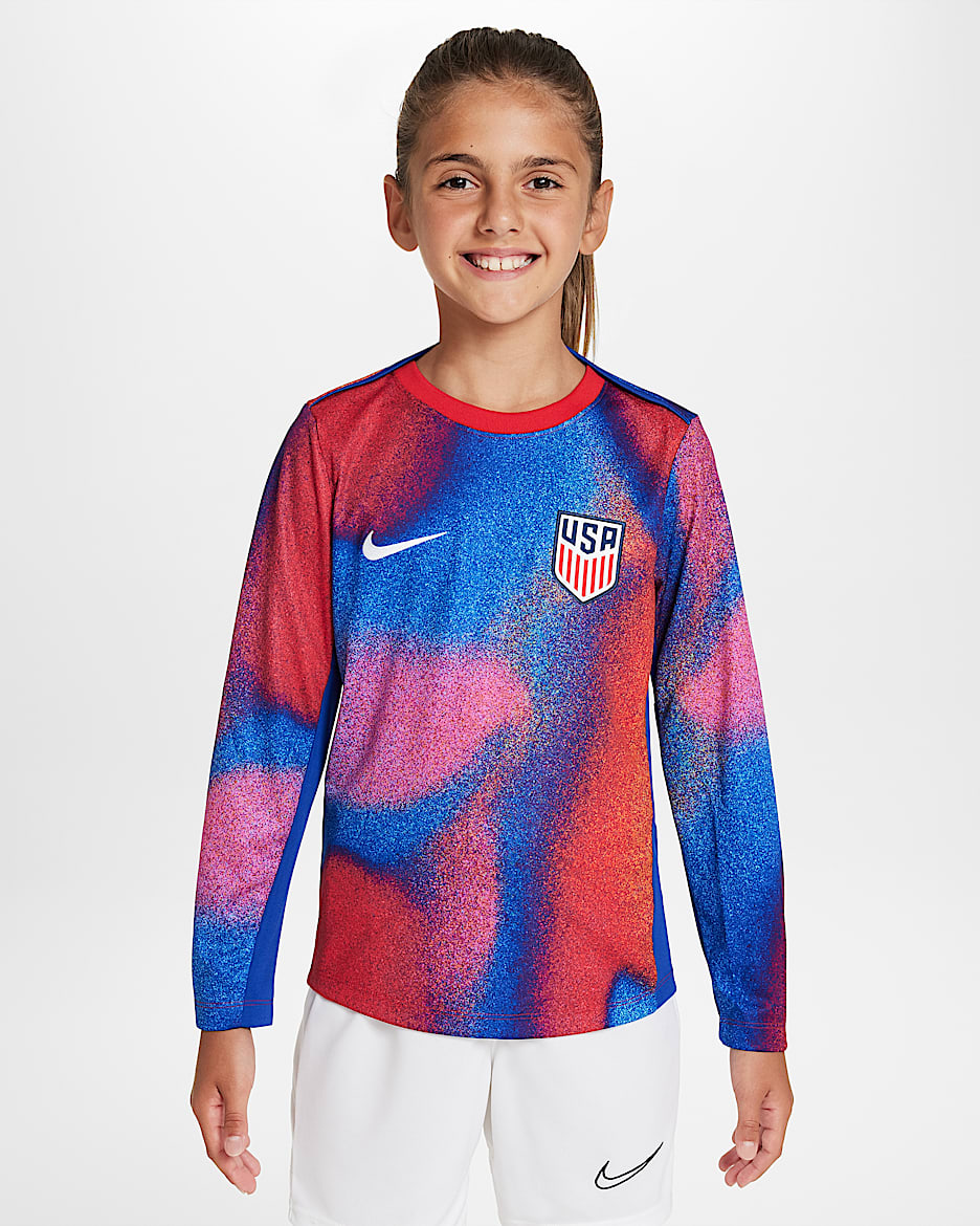 Playera de fútbol de manga larga de cuello redondo Nike Dri-FIT para niños talla grande USMNT Academy Pro - Blanco/Rojo deportivo/Azul eléctrico/Blanco