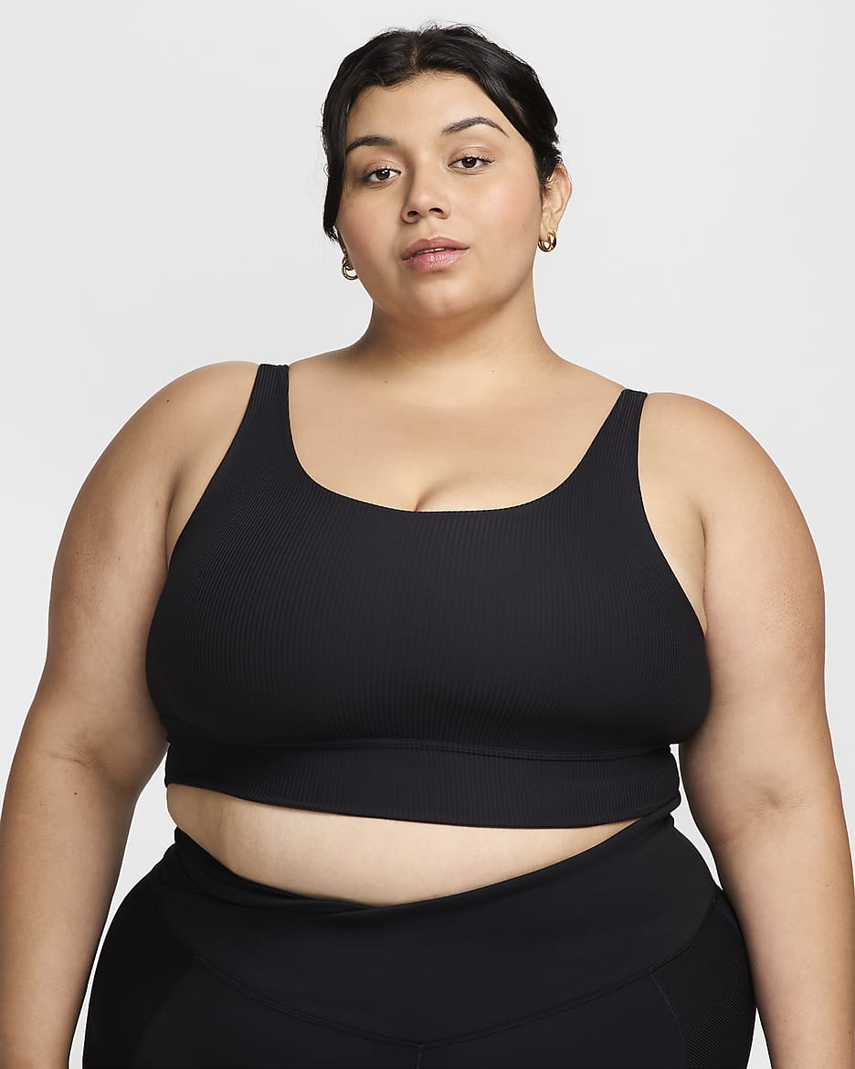 Bra deportivo de baja sujeción de talle largo sin almohadilla para mujer (talla grande) Nike Zenvy Rib - Negro/Negro