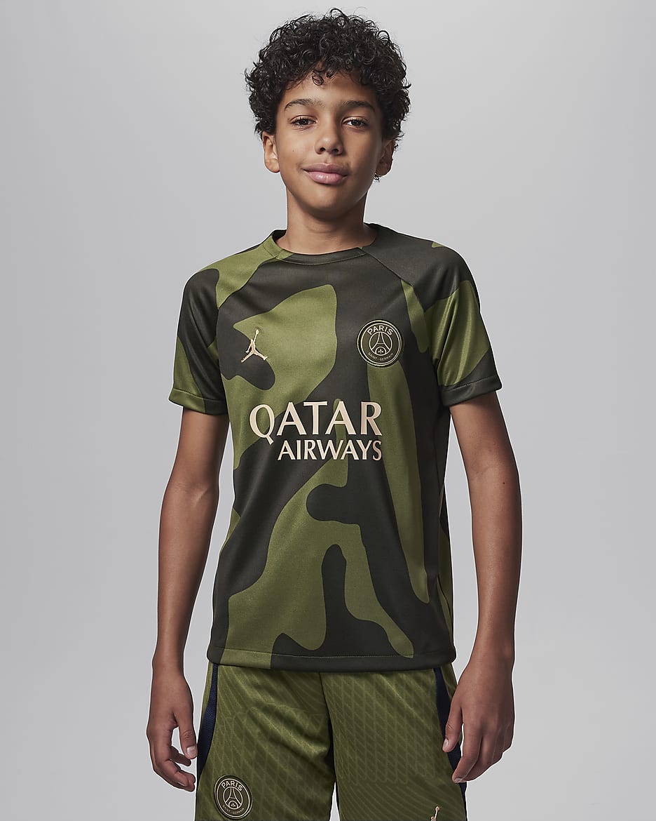 Paris Saint-Germain Academy Pro Fourth Big Kids' Jordan Dri-FIT Soccer Pre-Match Top - Rough Green/Sequoia/Dark Obsidian/Hemp