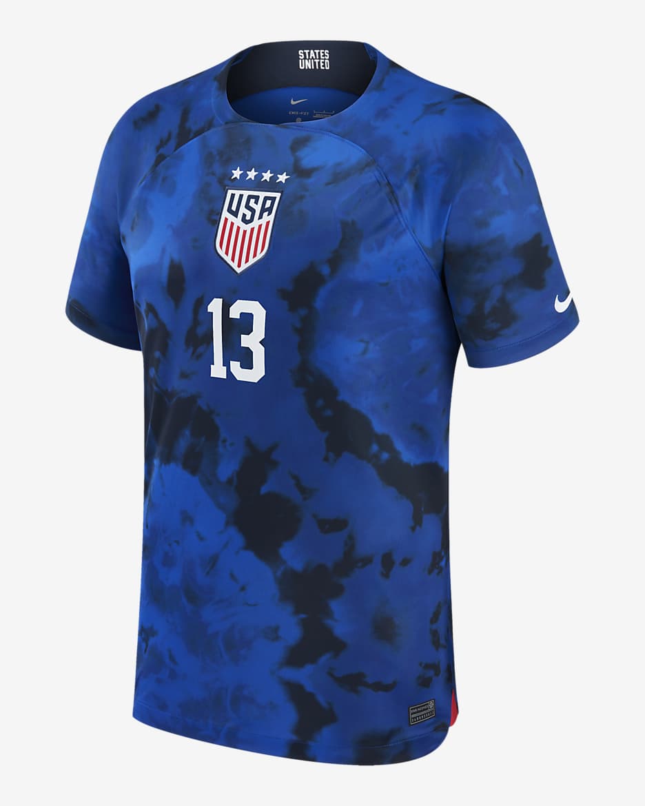 Jersey de fútbol Nike Dri-FIT de la selección de fútbol femenino de EE. UU. visitante 2022/23 Stadium (Alex Morgan) para hombre - Azul