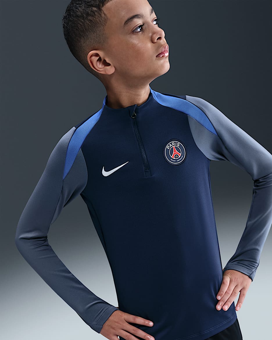 Paris Saint-Germain Strike Nike Dri-FIT Fußball-Drill-Oberteil für ältere Kinder - Midnight Navy/Diffused Blue/Hyper Royal/Weiß