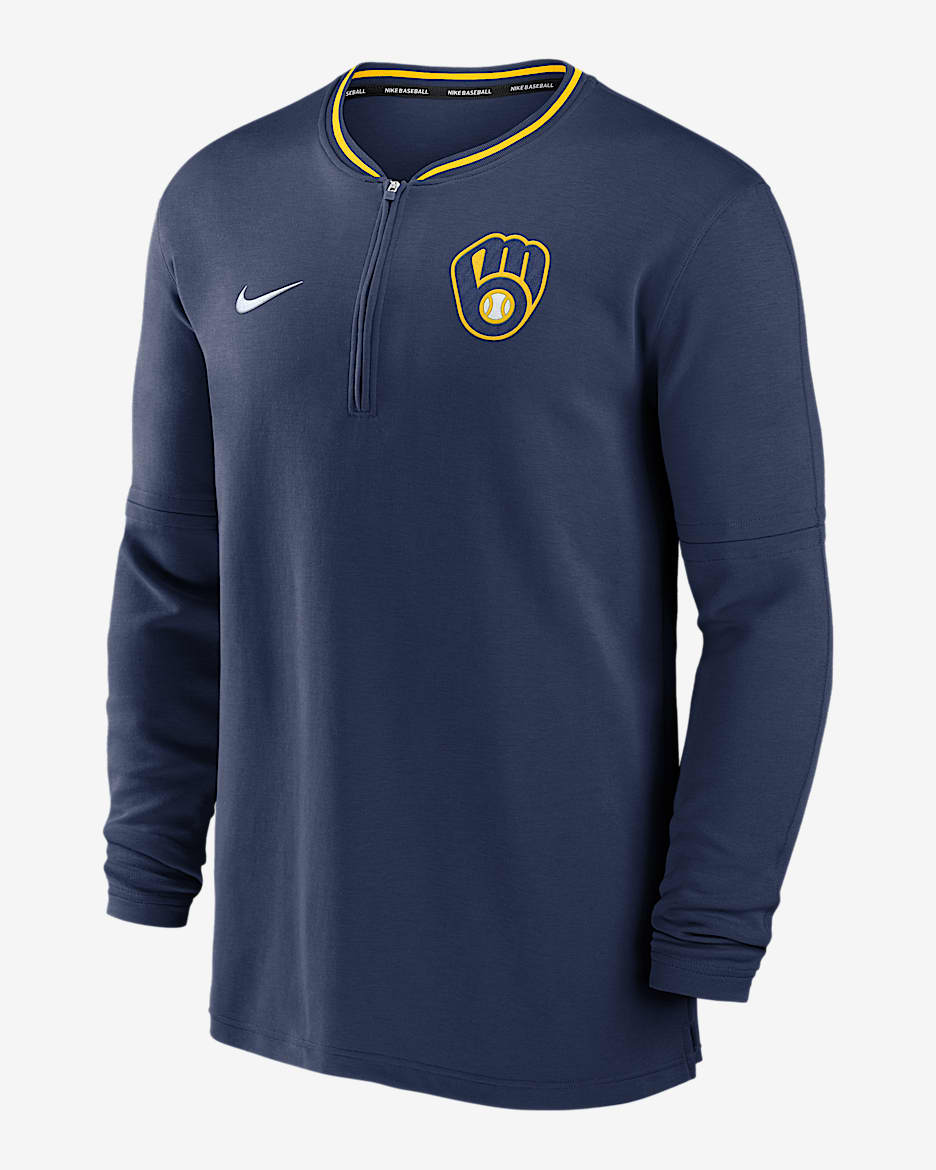 Playera de manga larga Nike Dri-FIT de la MLB de medio cierre para hombre Milwaukee Brewers Authentic Collection - Azul marino