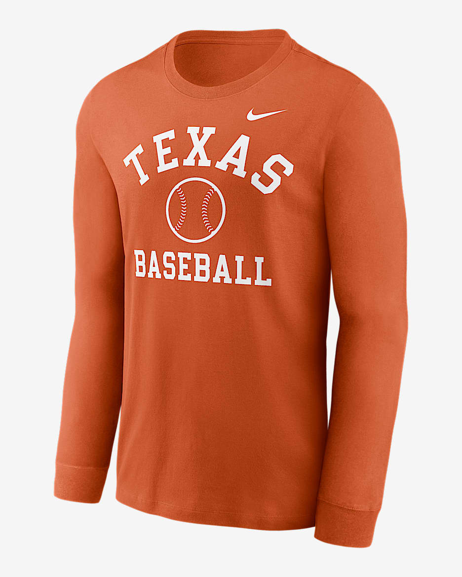 Playera de manga larga universitaria Nike para hombre Texas Longhorns Baseball Arch - Naranja quemado