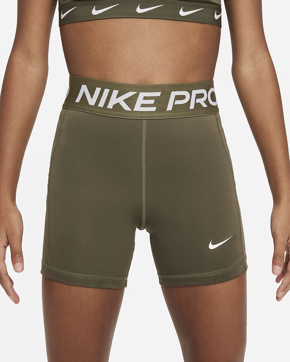 Nike Pro Leak Protection: Period Girls' Dri-FIT Shorts - Medium Olive/White