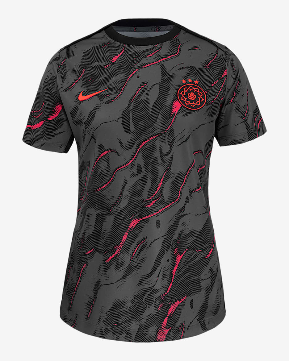 Portland Thorns FC 2025 Women's Nike NWSL Short-Sleeve Pre-Match Top - Light Fusion Red/Iron Grey