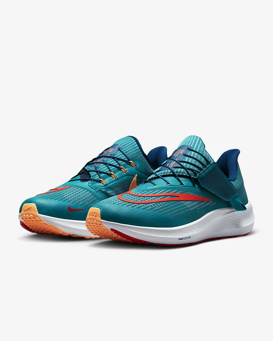 Nike Pegasus FlyEase Men's Easy On/Off Road Running Shoes - Bright Spruce/Valerian Blue/Peach Cream/Light Crimson