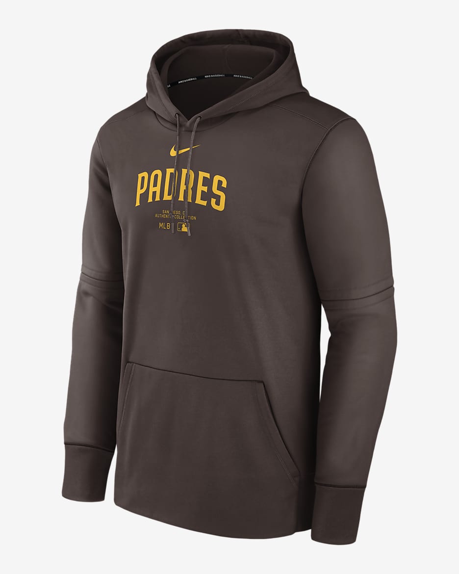 Sudadera con gorro sin cierre Nike Therma de la MLB para hombre San Diego Padres Authentic Collection Practice - Marrón