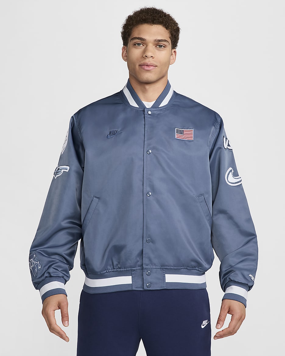 Chamarra Nike Breaking de satén para hombre USA Dogout - Azul difuso/Azul marino místico