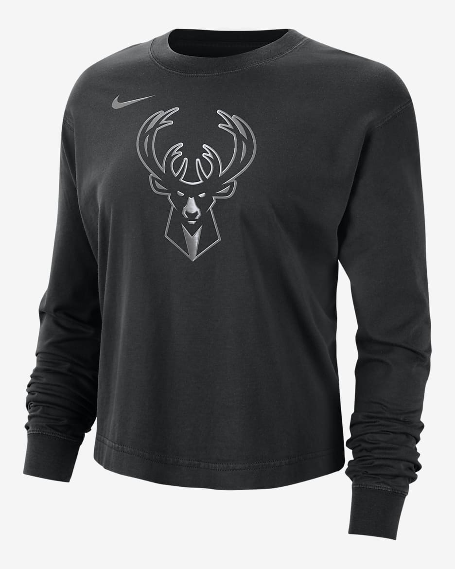 Milwaukee Bucks Courtside Women's Nike NBA Shine Boxy Long-Sleeve T-Shirt - Black