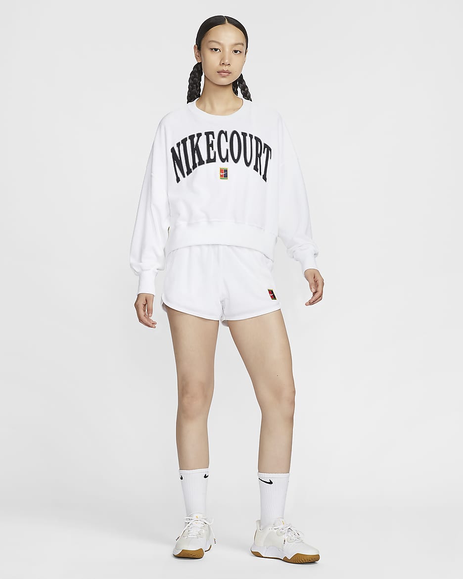 NikeCourt Heritage Women's Over-Oversized Crew-Neck Graphic Tennis Sweatshirt - White/White/Flat Pewter/Black