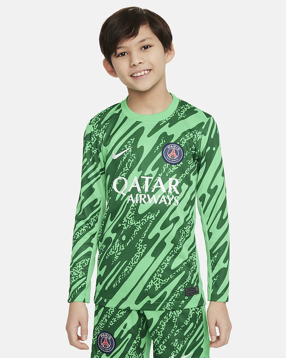 Replika brankářského fotbalového dresu Nike Dri-FIT Paris Saint-Germain Stadium 2024 pro větší děti - Green Spark/Pine Green/Bílá