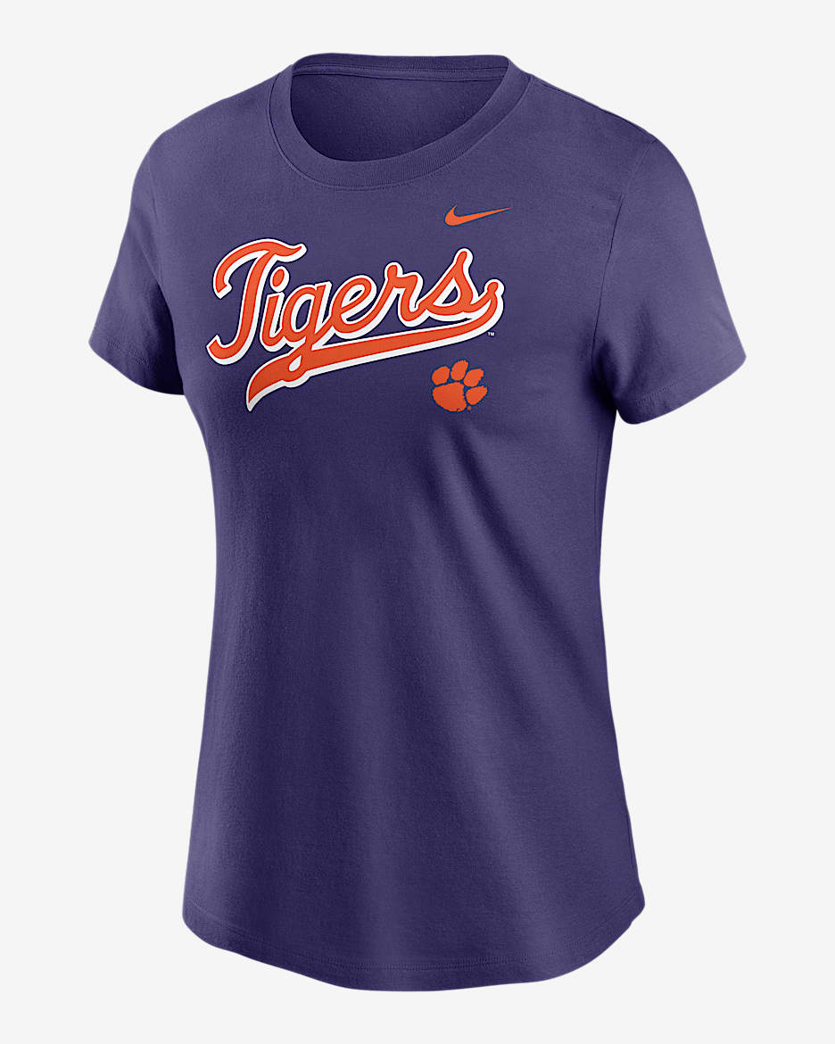 Playera universitaria Nike para mujer Clemson Athletic Prep Arch Local Script - Morado