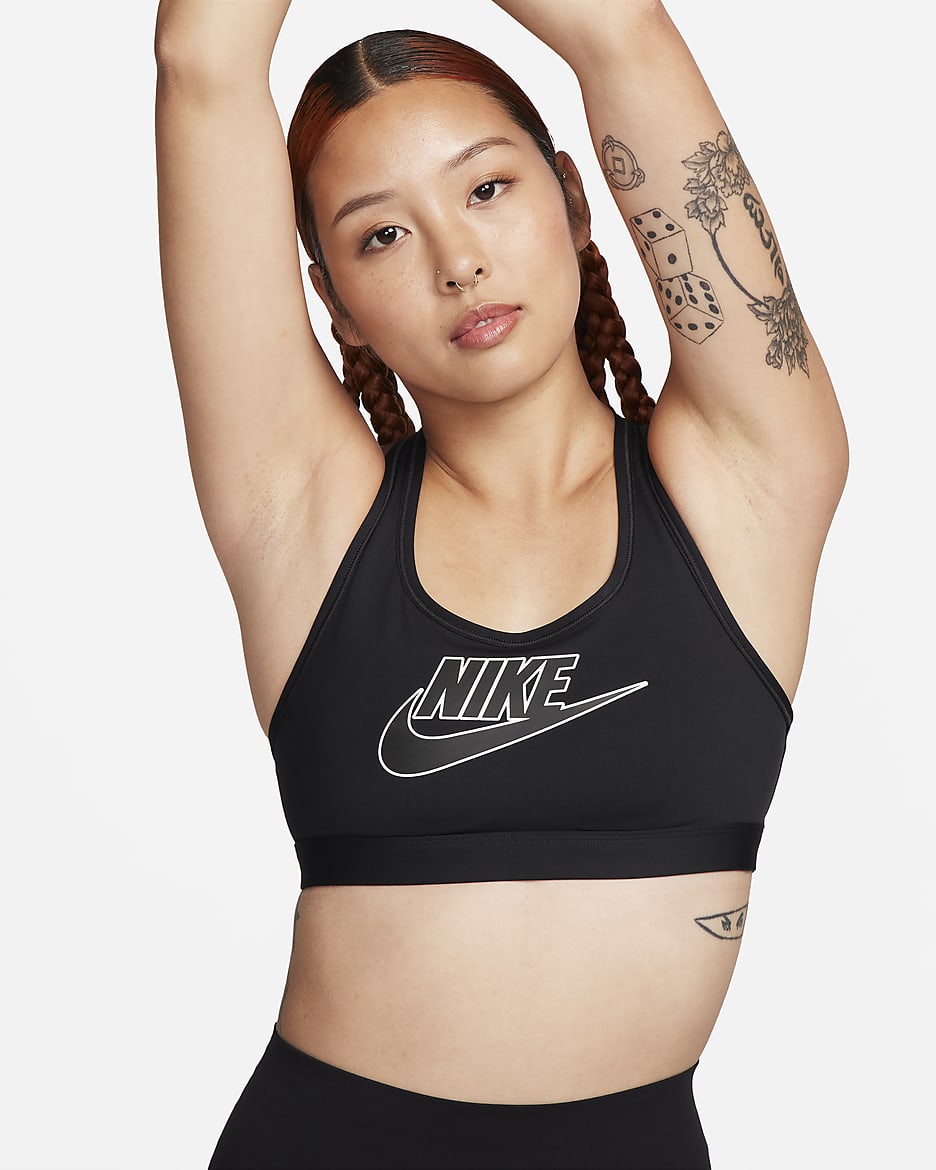 Nike Swoosh Medium Support Women's Padded Logo Sports Bra - Black/White/Black/Black