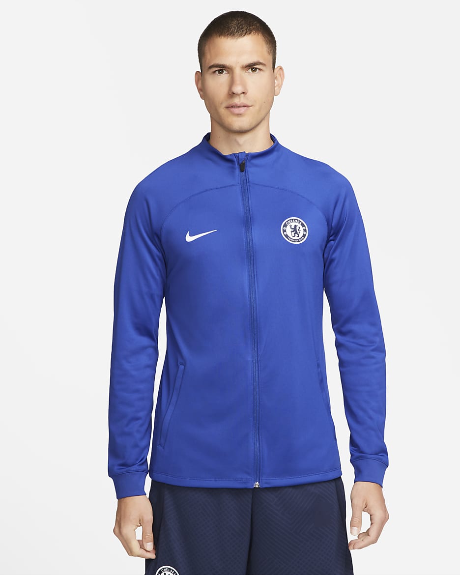 Chamarra de entrenamiento de fútbol Nike Dri-FIT para hombre Chelsea FC Strike - Azul enérgico/Azul marino universitario/Blanco