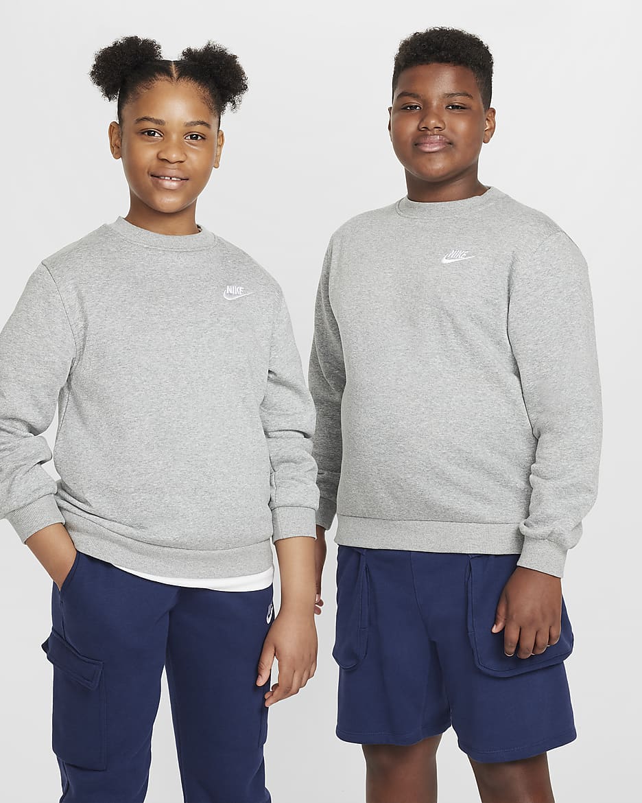 Nike Sportswear Club Fleece Big Kids' Sweatshirt (Extended Size) - Dark Grey Heather/White