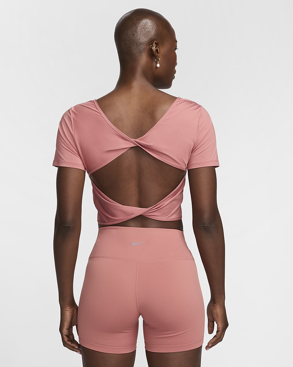 Nike One Classic Dri-FIT Kısa Kollu Bükümlü Crop Kadın Üstü - Canyon Pink/Siyah