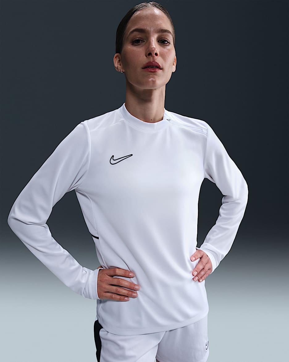 Playera de fútbol de manga larga de cuello redondo Dri-FIT para mujer Nike Academy - Blanco/Blanco/Negro/Negro