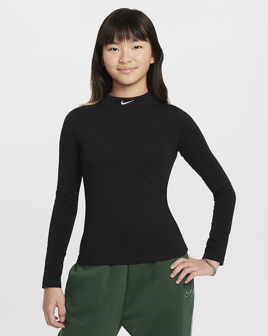 Nike Sportswear Girls' Long-Sleeve Top - Black/White