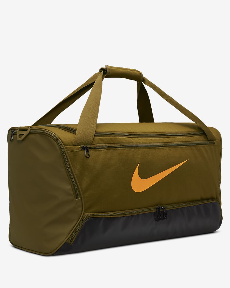 Nike Brasilia 9.5 Training Duffel Bag (Medium, 60L) - Olive Flak/Black/Vivid Orange