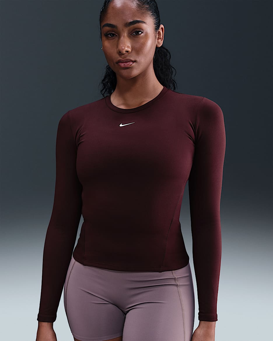 Dámské tričko Nike One Fitted Dri-FIT s dlouhým rukávem - Burgundy Crush/Bílá