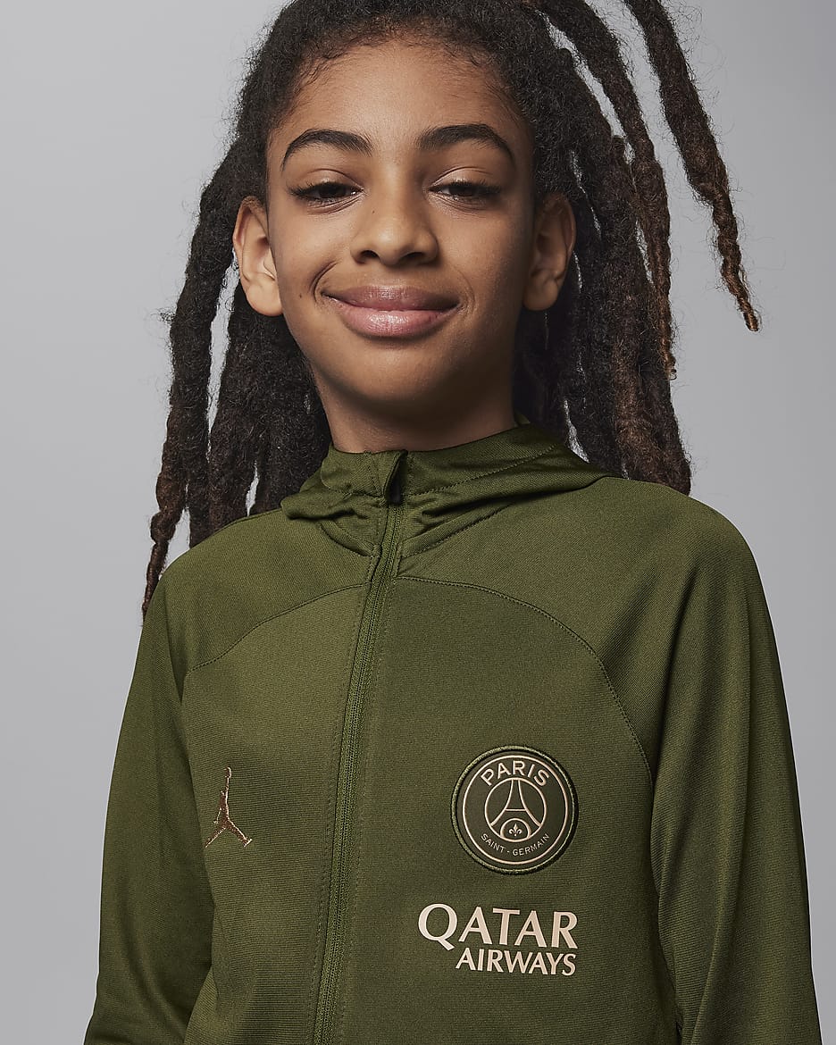 Paris Saint-Germain Strike Fourth Jordan Dri-FIT Fußball-Trainingsanzug mit Kapuze für ältere Kinder - Rough Green/Hemp