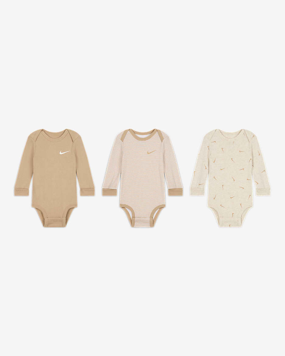 Nike Baby Essentials Baby (0-9M) Long Sleeve Bodysuits (3 Pack) - Pale Ivory