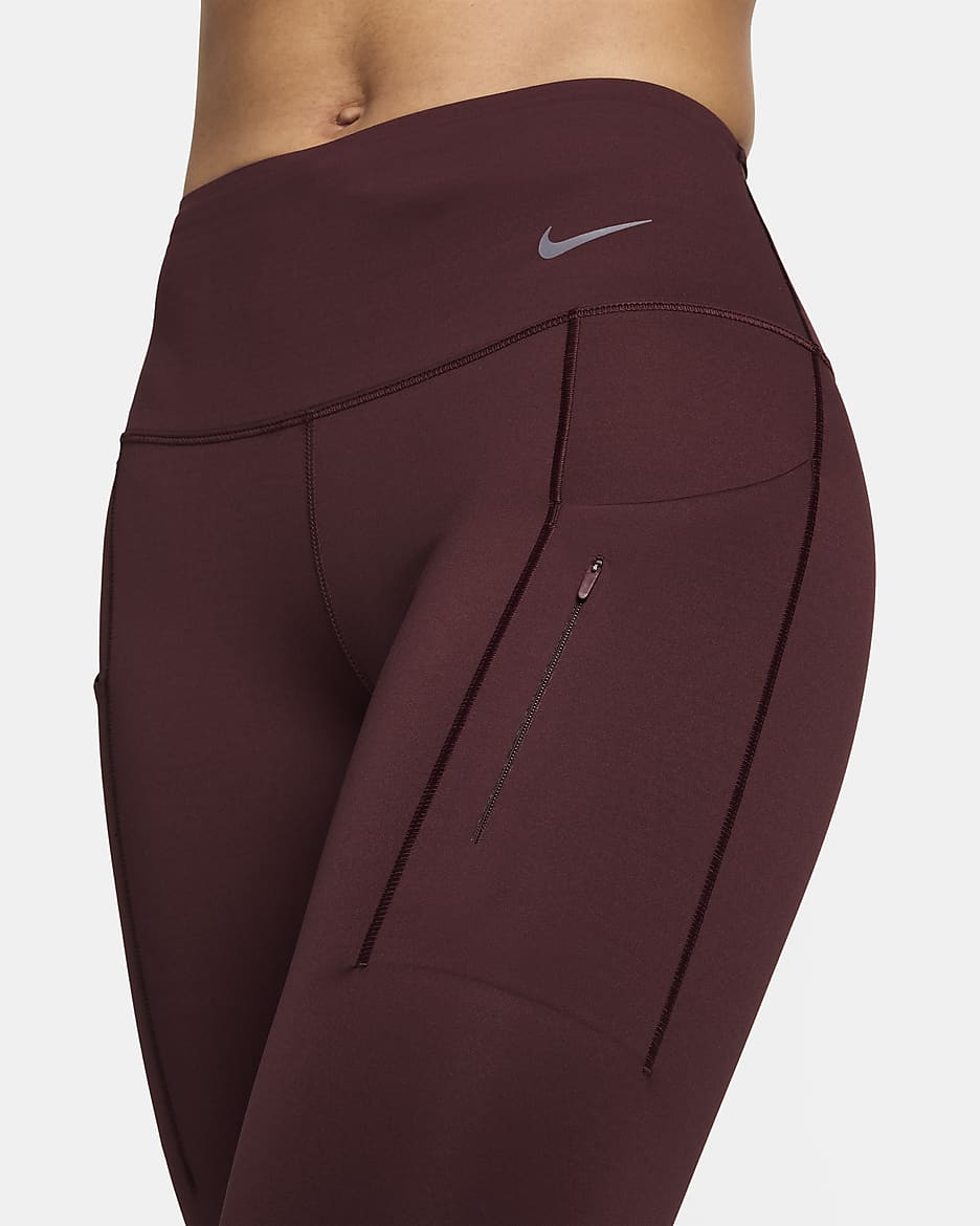 Hellånga leggings med fast stöd, medelhög midja och fickor Nike Go för kvinnor - Burgundy Crush/Svart