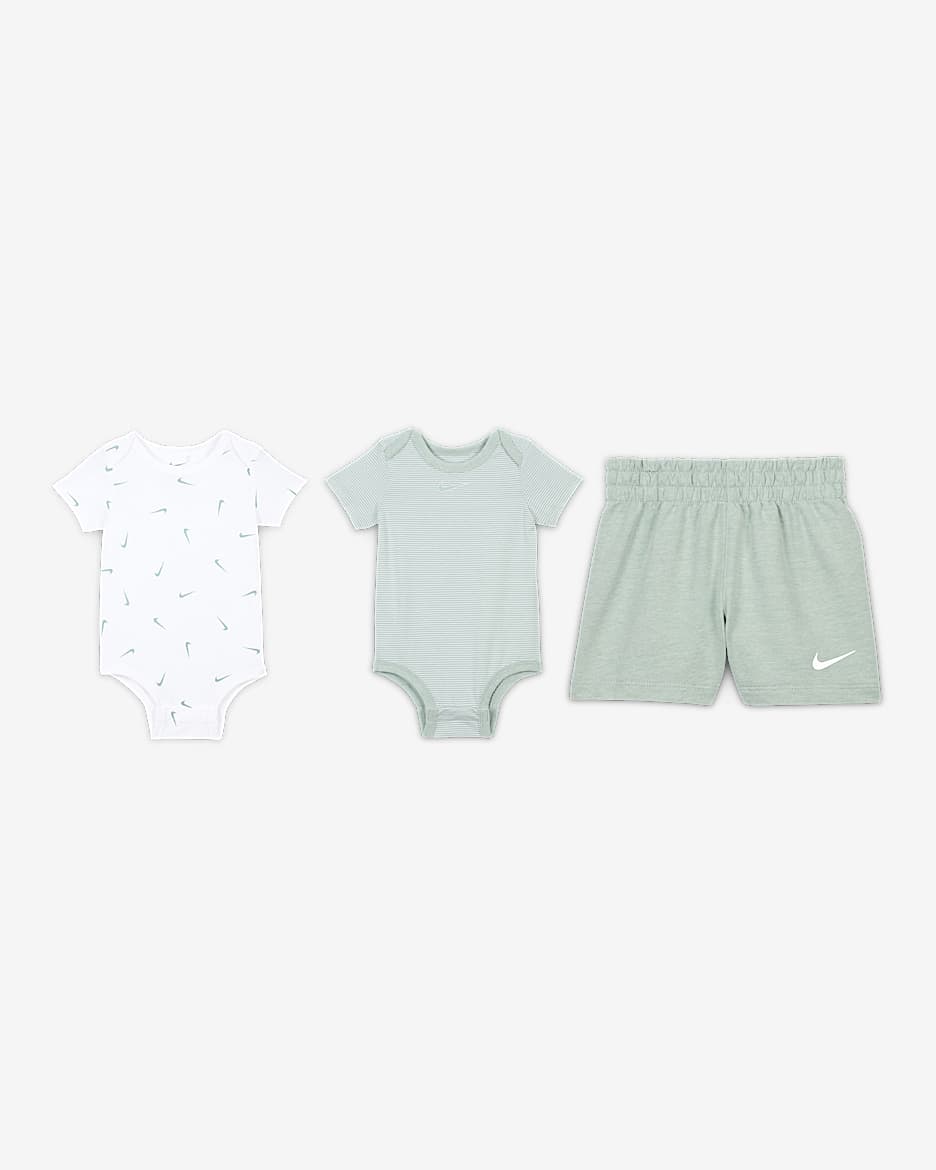 Conjunto de tres piezas Swooshfetti a rayas para bebé (0-9 meses) Nike Essentials - Verde mica