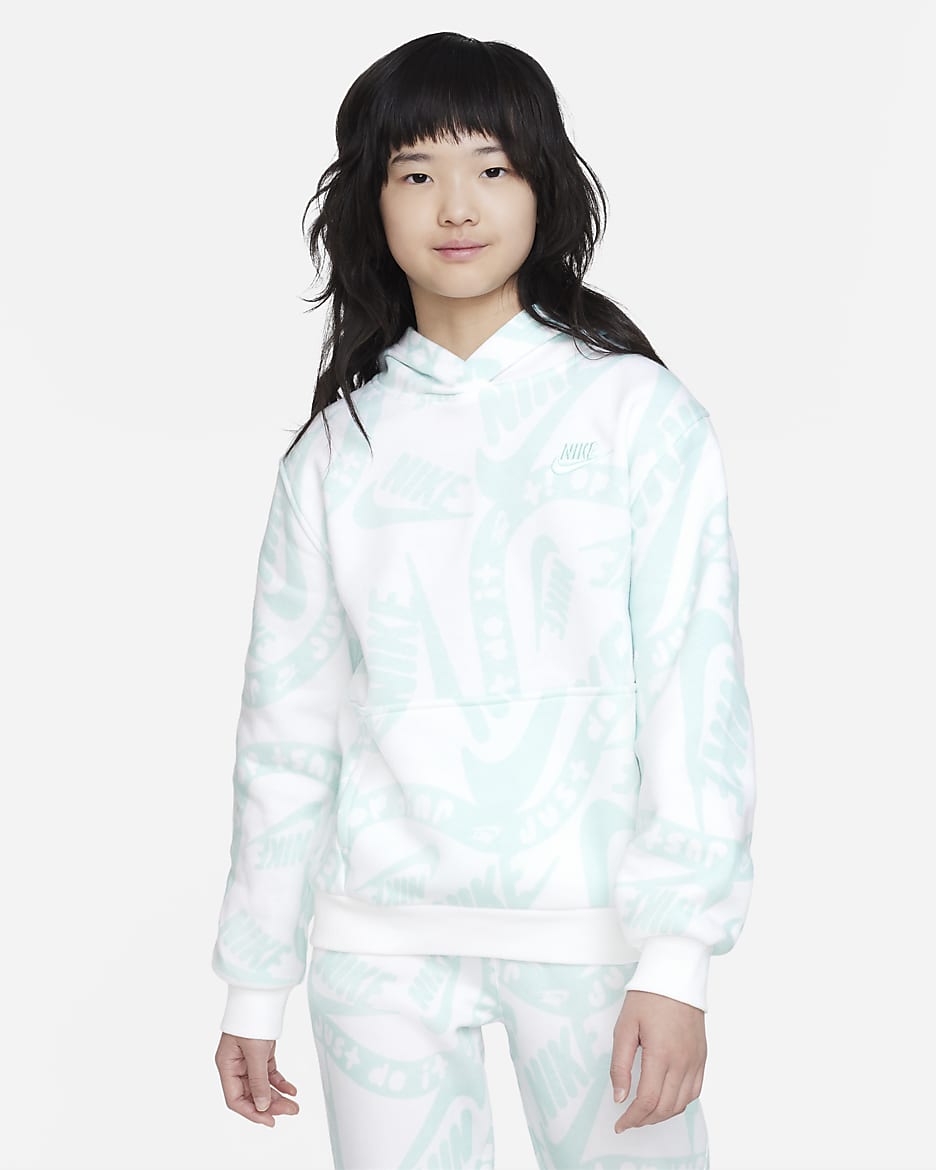 Nike Sportswear Club Fleece Big Kids' Printed Pullover Hoodie - Jade Ice/White/Jade Ice
