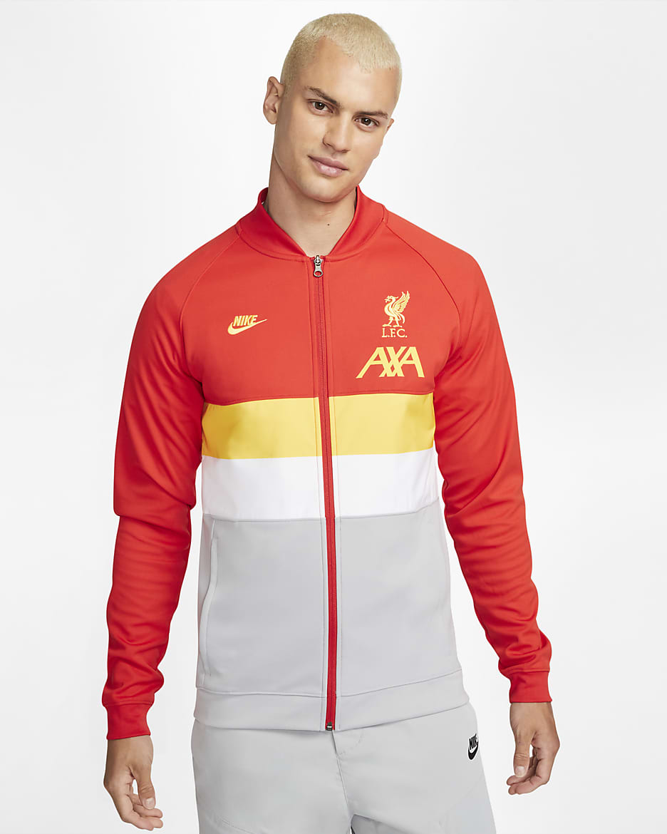 Chamarra de fútbol de cierre completo para hombre Liverpool FC - Rojo enérgico/Gris lobo/Amarillo cromo