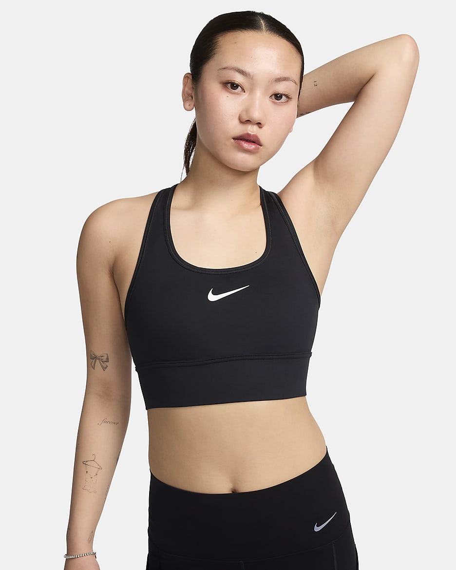 Nike Swoosh 中度支撐型女款襯墊長版運動內衣 - 黑色/黑色/白色