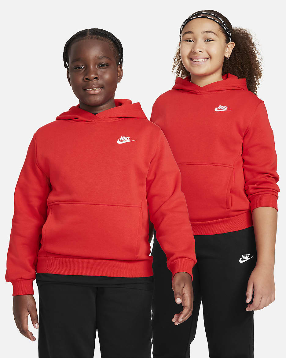 Nike Sportswear Club Fleece Big Kids' Pullover Hoodie (Extended Size) - University Red/White